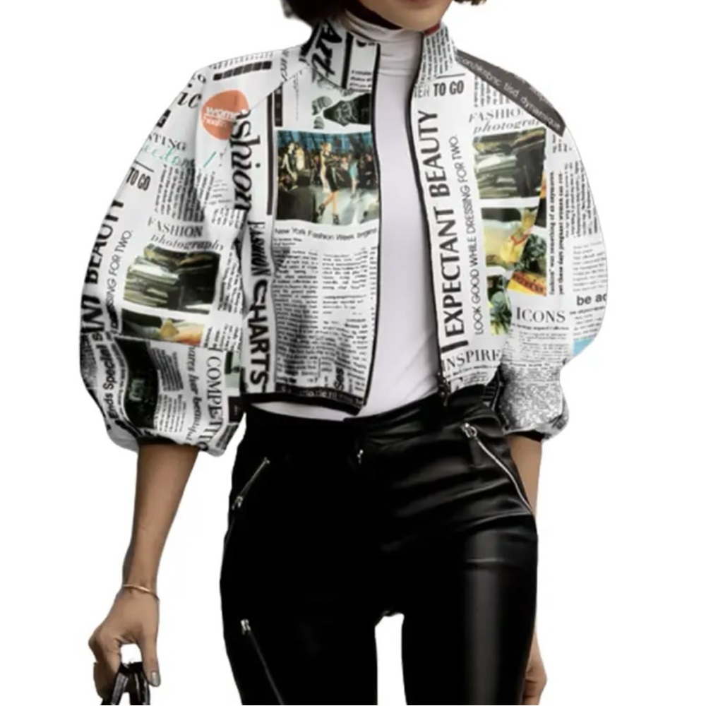 NEW - Spring, Letter Print, puff sleeve, stand collar, crop, waist jacket